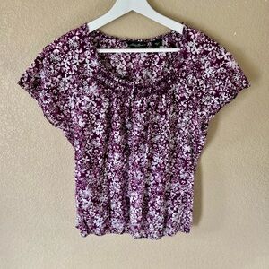 Eddie Bauer 100% Cotton Purple and White Floral Blouse Size M Cottagecore